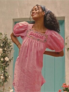 DÔEN Mica Dress Carnation Pink Embroidered Mini Prairie Cottagecore Size XS NWT